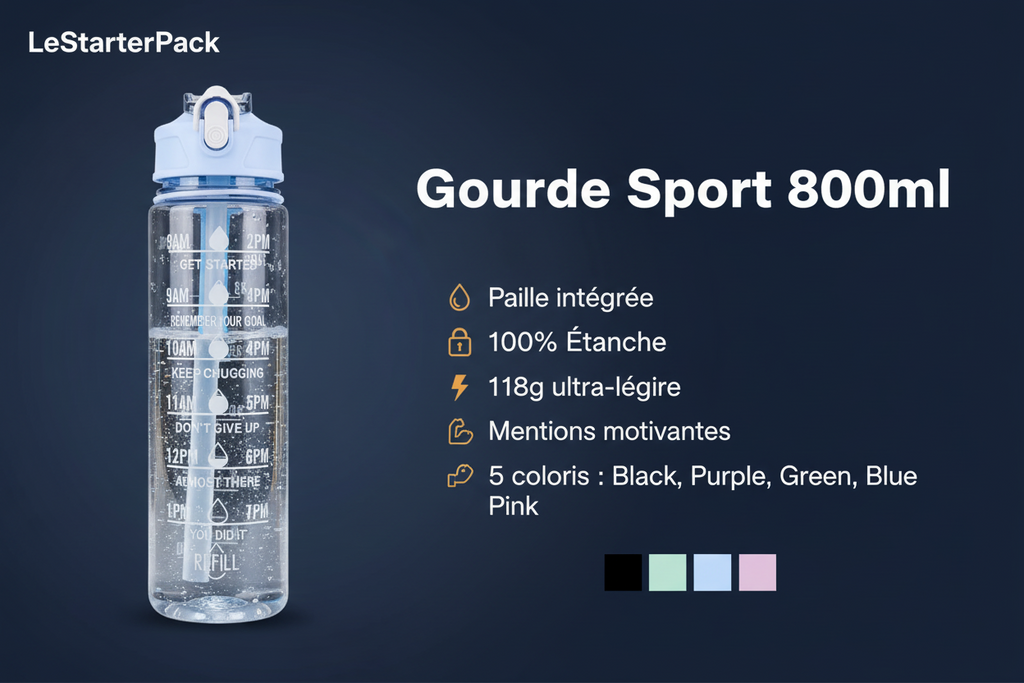Gourde Sport 800ml avec Paille & Anse – Étanche & Motivante | Fitness, Running, Outdoor